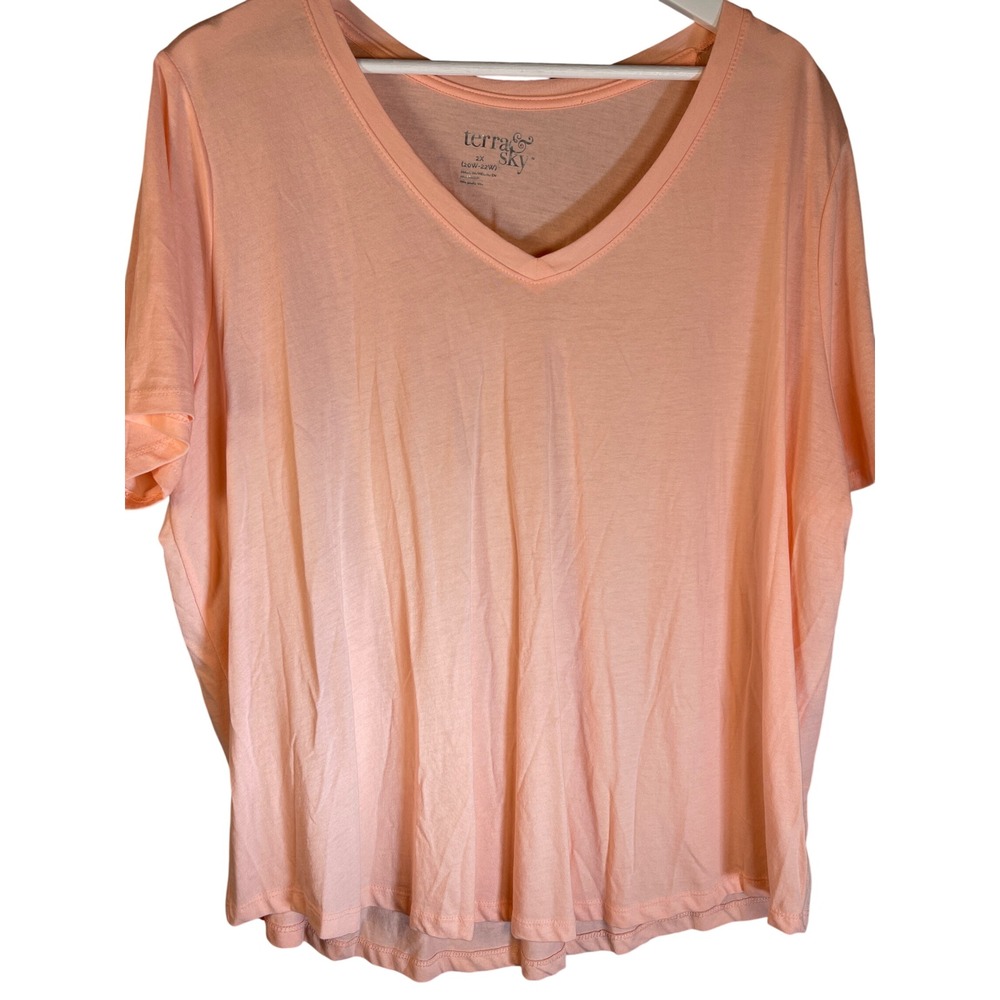 Terra & Sky T Shirt Womens 2X Peach Cotton Modal V-Neck Short Sleeve CasualBasic